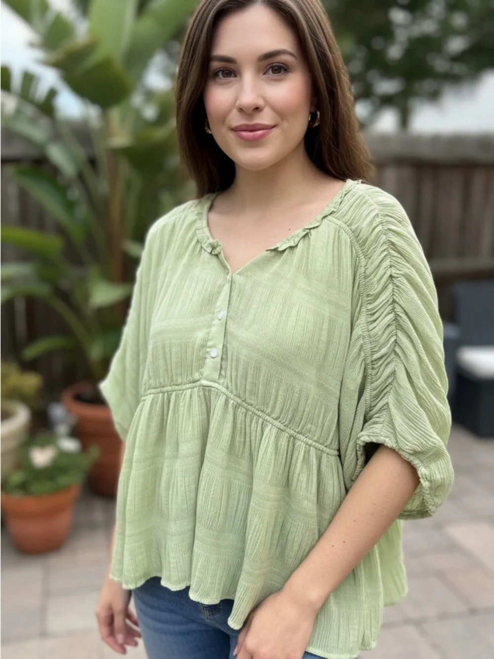 NWT Max Studio Leaf Green Gauze Babydoll Peasant Blouse Top XL
